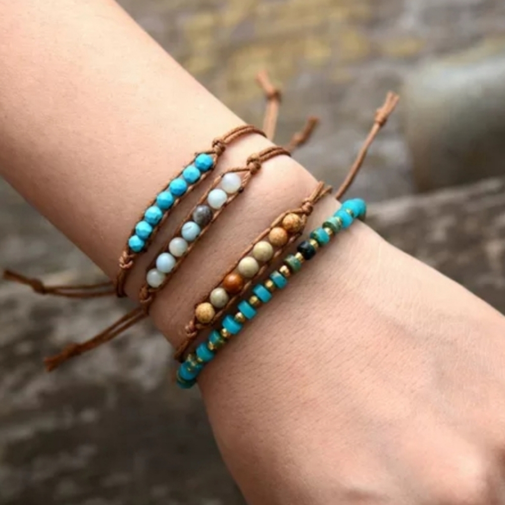 Turquoise Beads Wax Thread Adjustable Bracelet